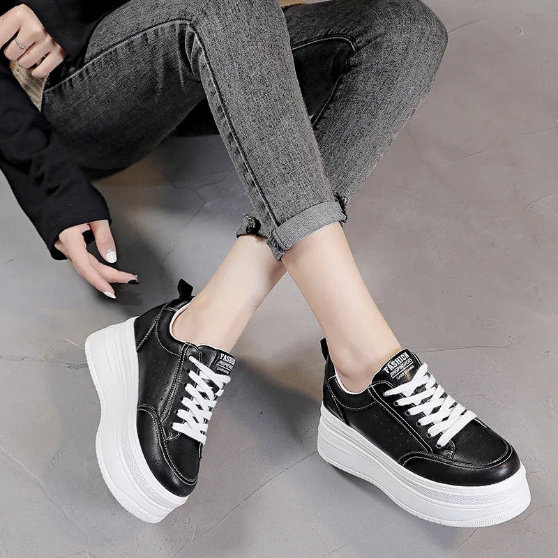 Chunky Sneakers Spring Autumn Breathable 8cm Genuine Leather Women Casual Shoes Platform Wedge Hidden Heel Women Leisure Shoes