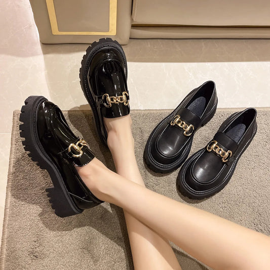 2023 Female Shoes Women Fashion Mary Janes Round Toe Flats Loafers Oxfords Platform Casual Metal Chain Buckle Ladies Heels Black