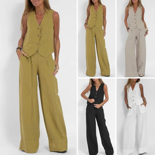 Sleeveless V-neck Suit Women's Cotton Linen Wide Leg Suit Set Sleeveless Vest Long Pants Outfit for Office or Casual Fashion