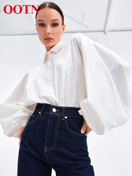 OOTN Office Lady Satin Lantern Sleeve Women's Blouse Spring Lapel Loose Elegant Shirt All-Match Casual Button Up Top Women 2022