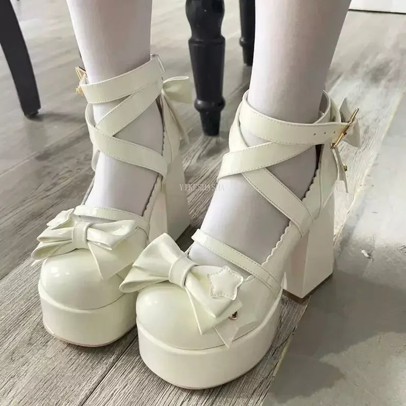 2024 New Sweet Vintage Mary Janes Shoes Women Star Buckle Lolita Kawaii Platform Shoes Female Bow-knot Cute Designer Shoes