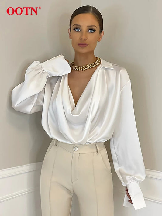 OOTN Elegant White Pile Collar Shirts Female Office Satin Lantern Sleeve Woman Blouse Fall Street 100% Polyester Ladies Top 2023