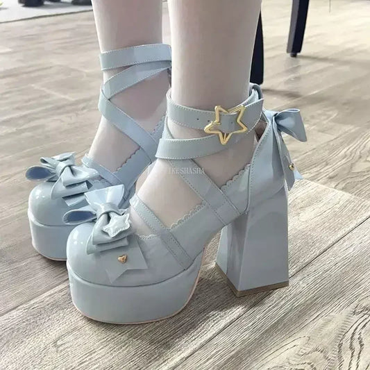2024 New Sweet Vintage Mary Janes Shoes Women Star Buckle Lolita Kawaii Platform Shoes Female Bow-knot Cute Designer Shoes