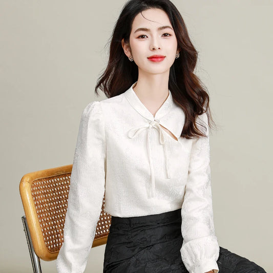 2024 Neo-Chinese Style Women Chic White Silk Shirts Dark Patterned Jacquard Fabric Tops Office Ladies Elegant Basic Attire OOTD